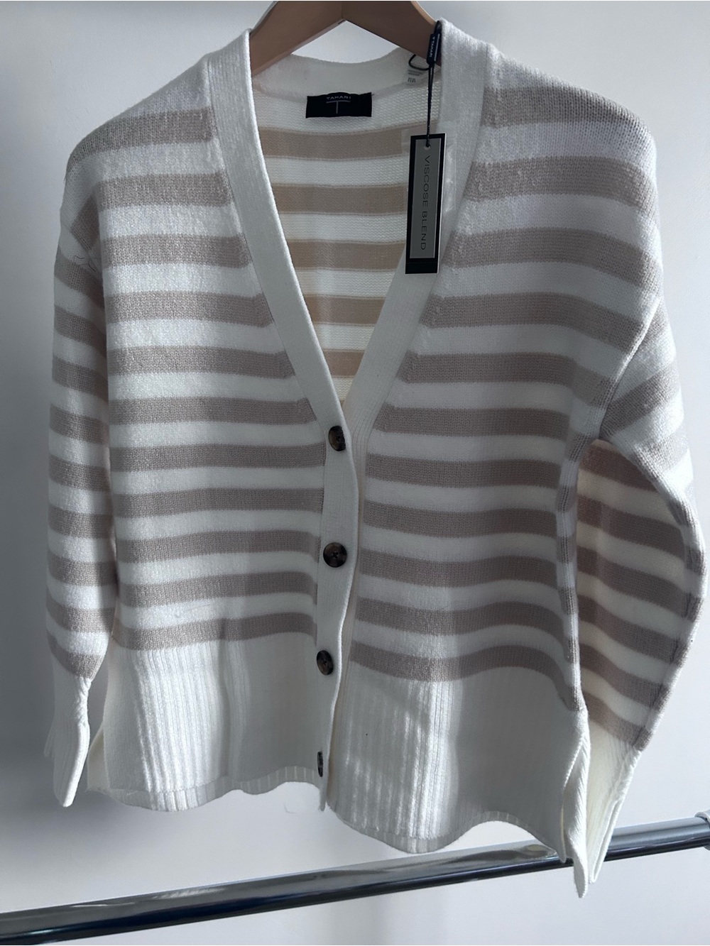 Tahari Cream & Beige Striped V-Neck Button Cardigan